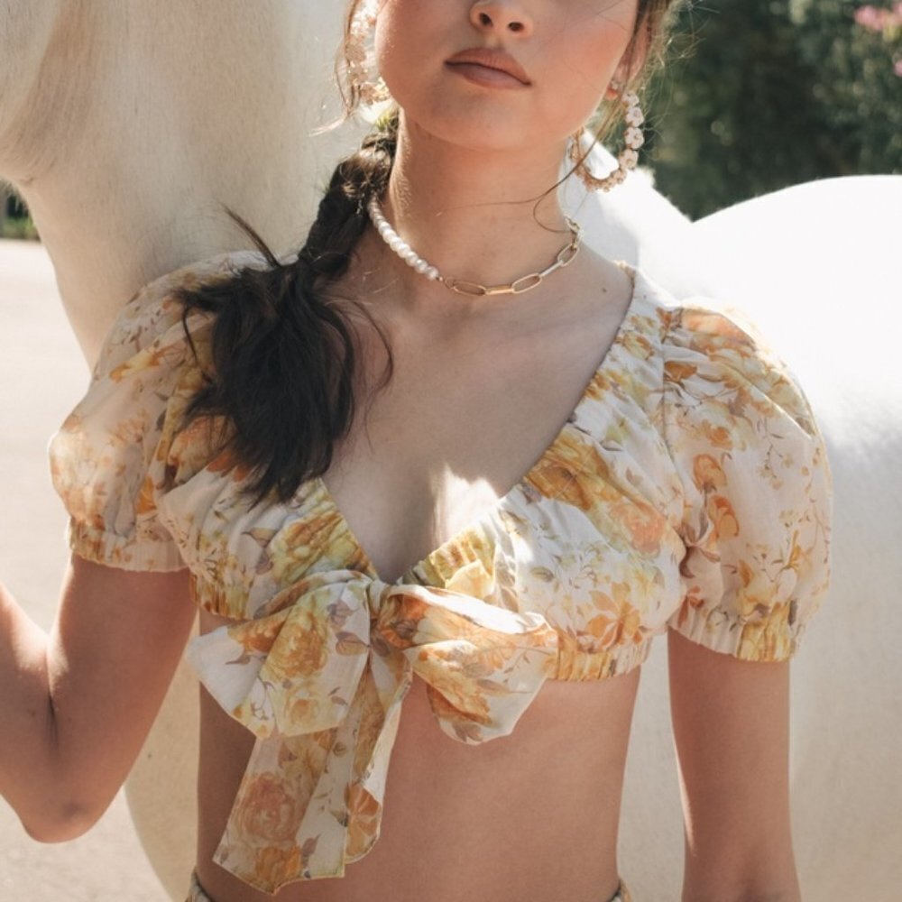 Sofia the Label Sunny Tie Front Crop Top in Yellow Floral size AU 8 NWT